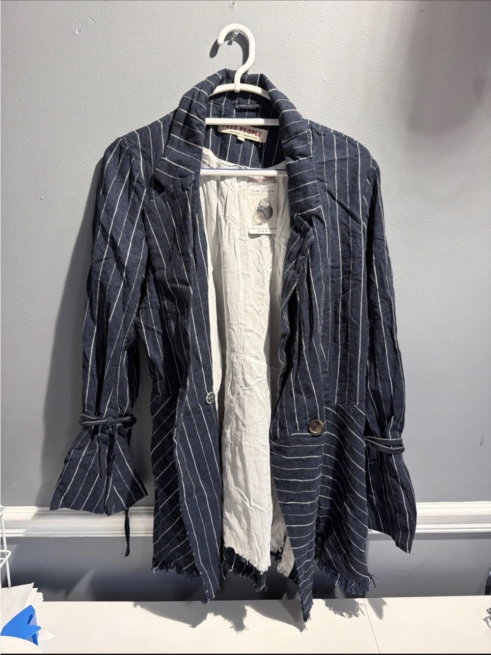 Free People Navy Pinstripe Linen Blend Blazer